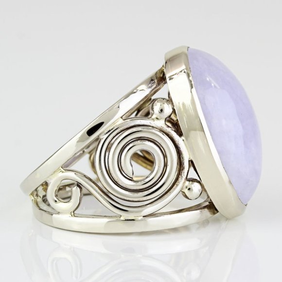 Vintage 14k Yellow Gold Oval Cabochon Lavender Jade Anniversary Scroll Ring - Picture 4 of 7